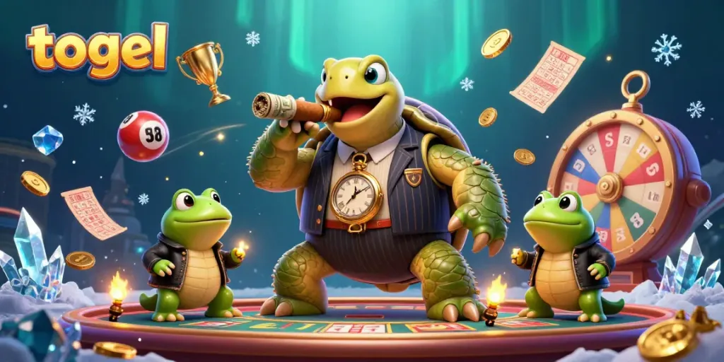 Engaging turtles and bullfrogs surrounded by colorful lottery elements depicting togel activities.