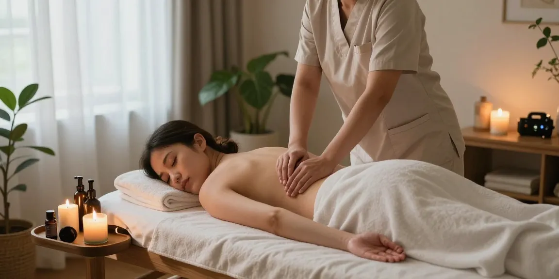 구로출장안마 relaxing massage scene with therapist and calming setup.