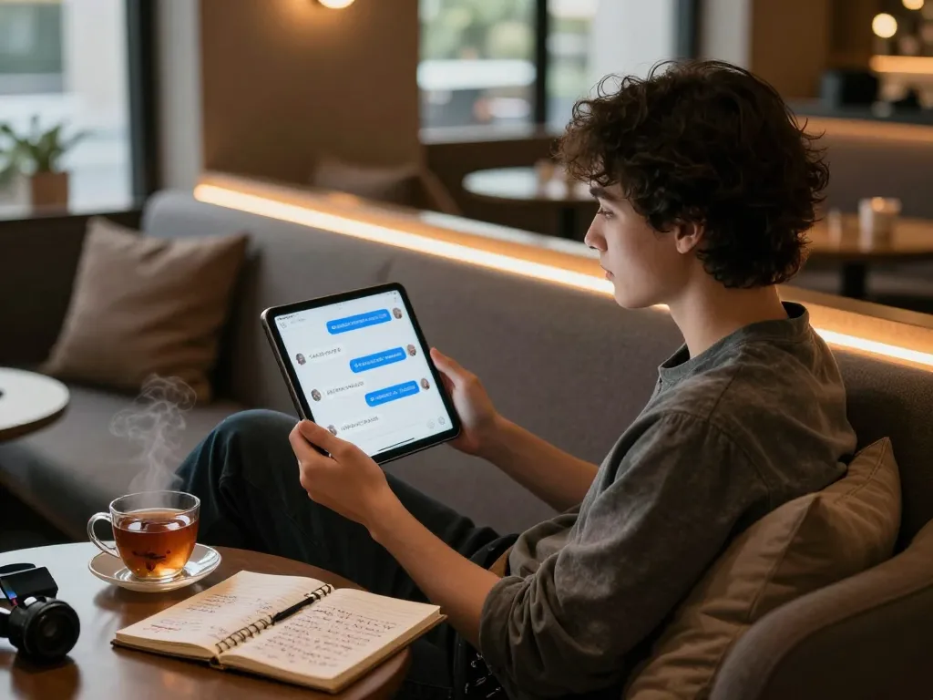 Engaging in ai sex chat on a tablet in a cozy lounge, surrounded by modern tech elements.
