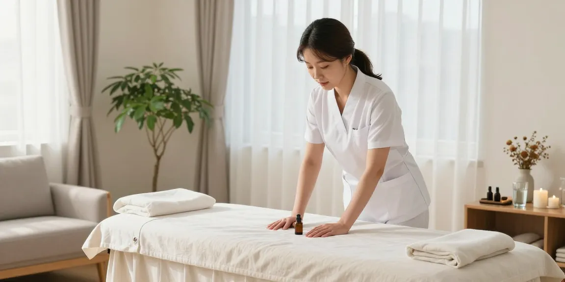 부평출장마사지 service setup in a tranquil home environment, featuring a professional massage therapist preparing for a session.