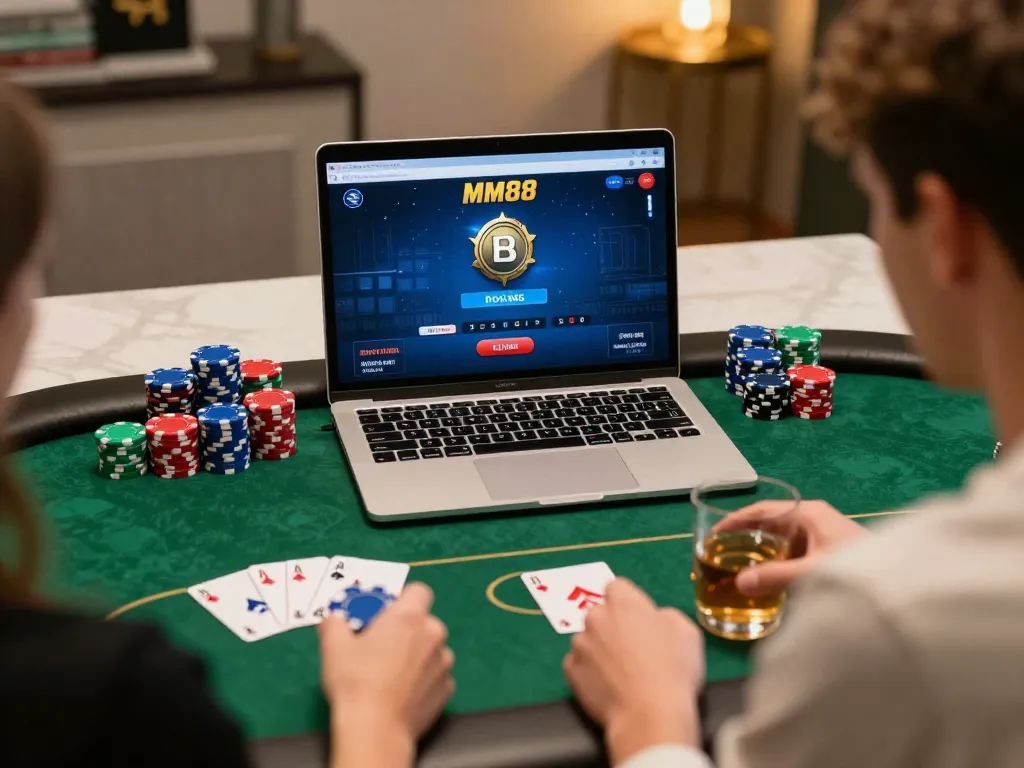 Player engaging in an online poker game on MM88 with cards and chips visible, emphasizing strategic gameplay.