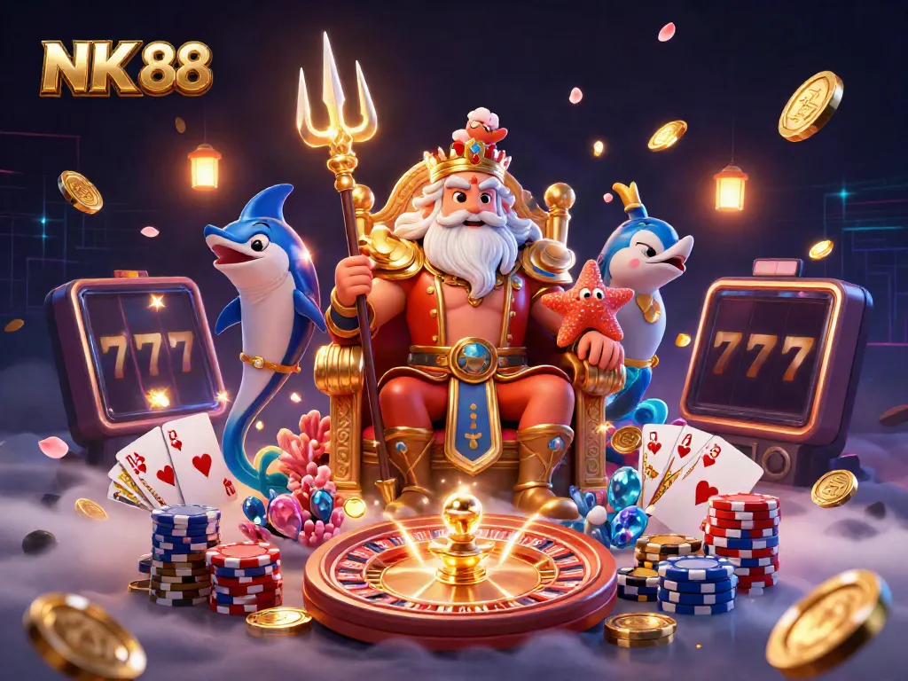 Engage with NK 88's vibrant casino experience featuring a whimsical Neptune amidst gaming elements.