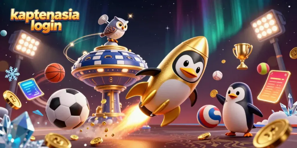 Gambarkan kaptenasia login dengan penguin emas bertenaga roket melewati dunia kasino virtual, dikelilingi elemen permainan.