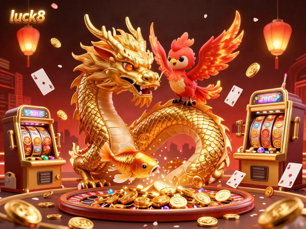 Join the excitement at luck8 with a vibrant 3D illustration showcasing a golden dragon, phoenix, and koi fish in a lavish casino atmosphere.