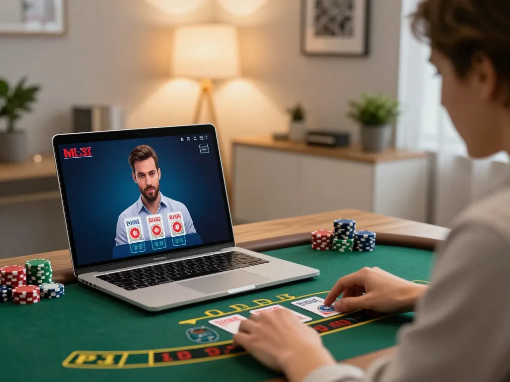 Engaging in live dealer blackjack on mm88 online casino, showcasing a modern gaming setup with a focused player.