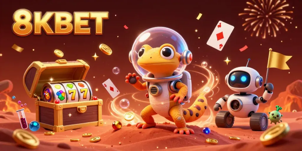 Experience the thrill of 8KBET in a vibrant Martian casino setting with dynamic game elements.