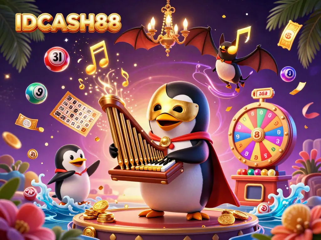 Experience IDCASH88's vibrant world of casino excitement featuring dynamic lottery elements and a whimsical scene.
