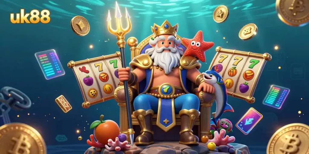 Spin and win at uk88 with vibrant slot symbols and a king Neptune scene that embodies excitement.