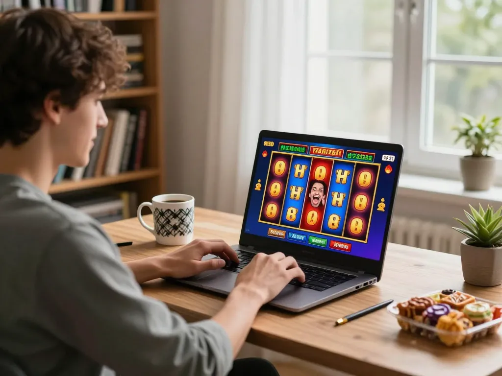 Engaging in online slots at home, fabet player celebrating a winning moment with vibrant screen display.
