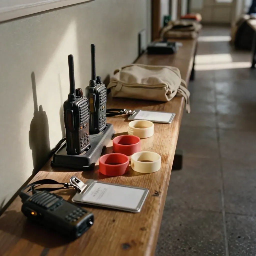 Hallway bench with radios, wristbands, and badge reels ready for volunteer coordination.