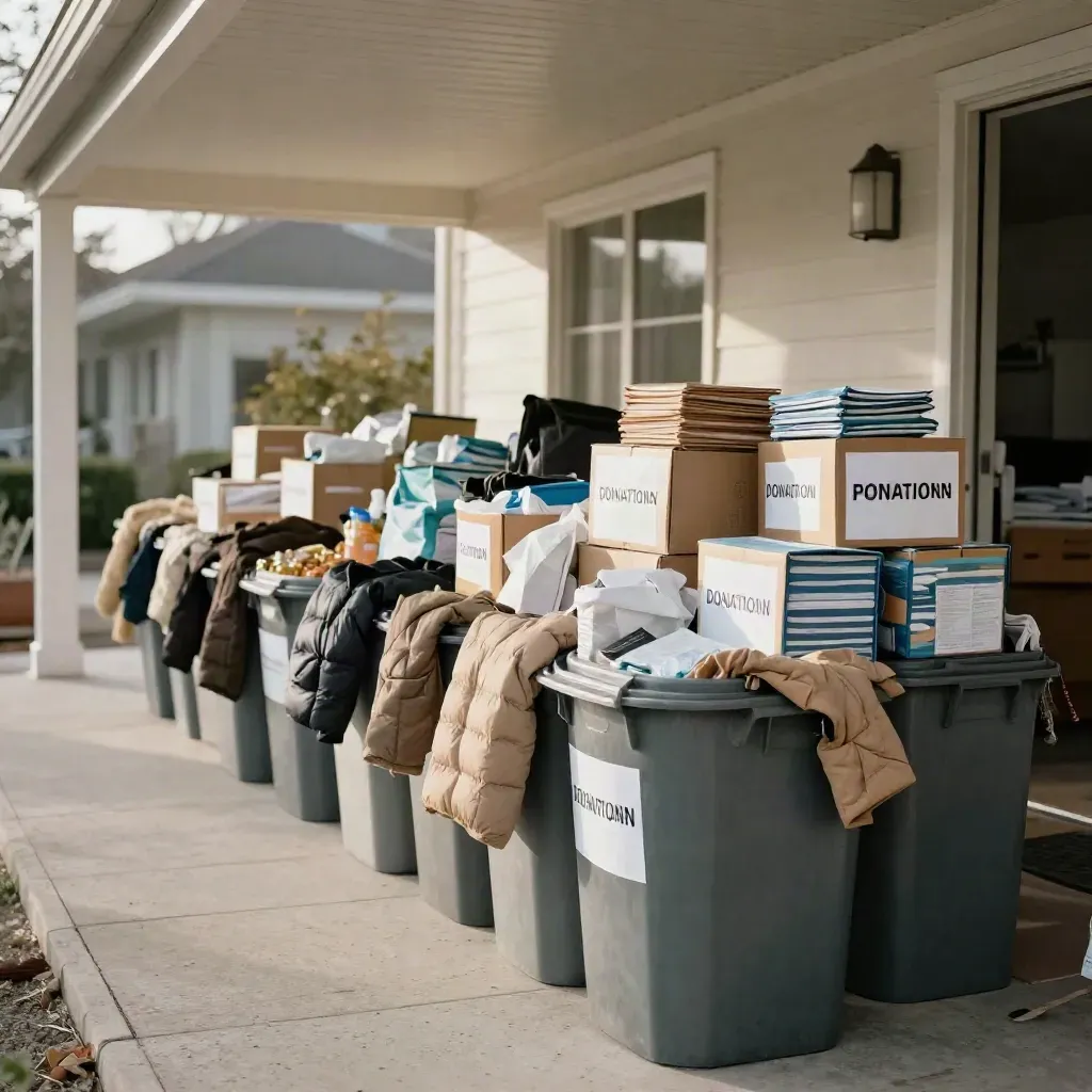 Packed donation bins, totes, coats, and hygiene kit boxes under a bright drop-off portico.