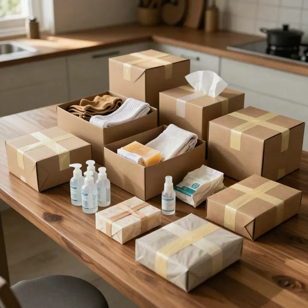 Top-down care packages on a kitchen island with boxes, socks, soap, and toiletries