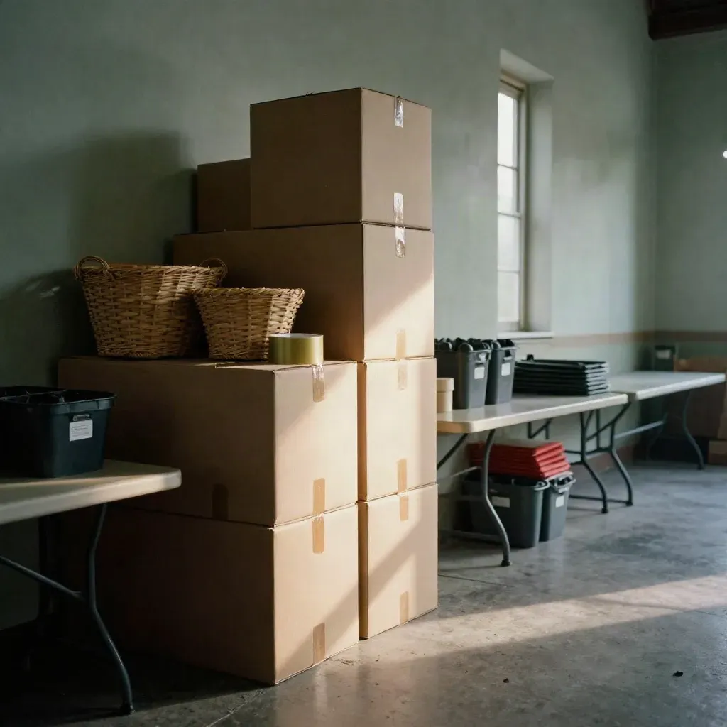 Relief staging area with care boxes, baskets, and tote bins in dramatic morning light.