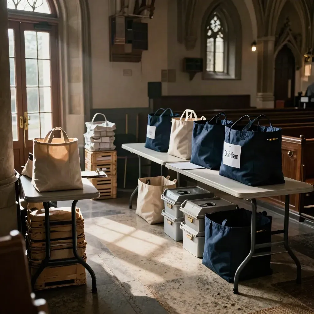 Church foyer with donation totes, tables, clipboards, and crates ready for a community drive.