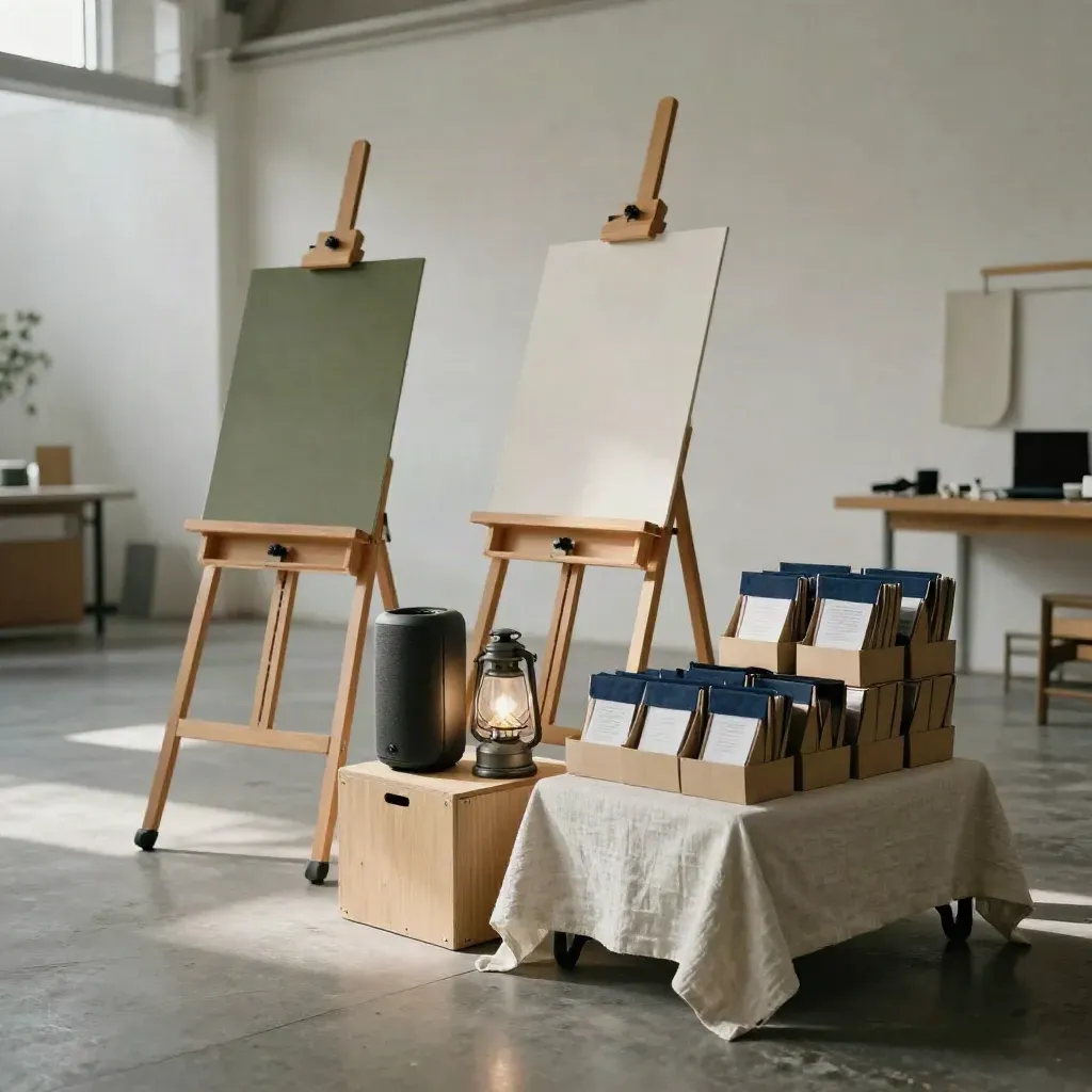 Awareness-event corner with easels, speaker, lanterns and stacked handout boxes in warm daylight.