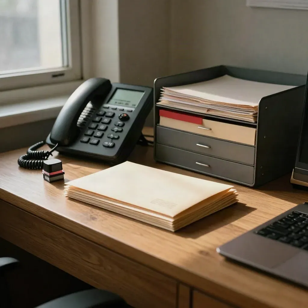 Black desk phone, envelopes, stamp pad and file trays on a warm office credenza.