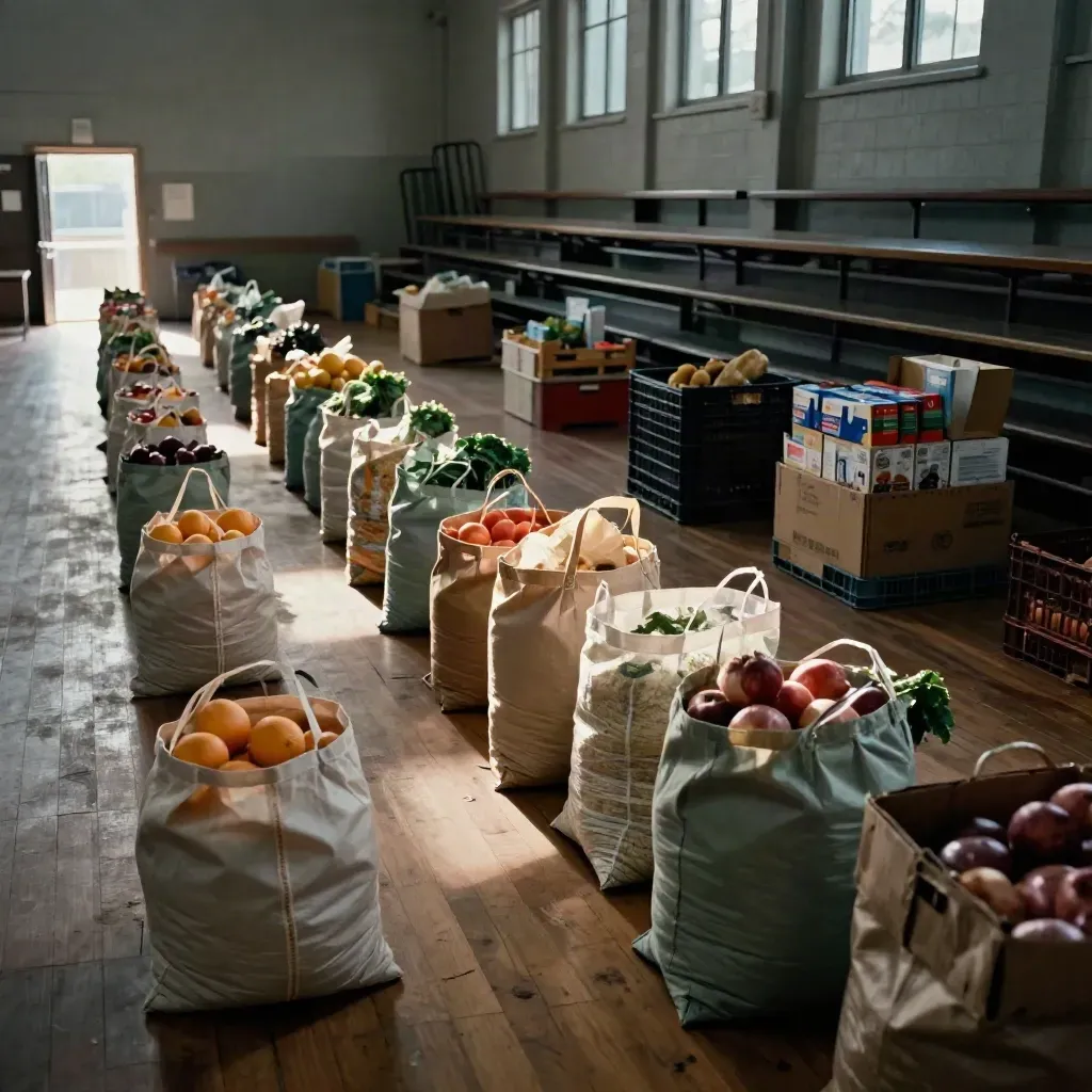Rows of filled grocery bags and produce crates stretching across a church gym floor toward the exit.