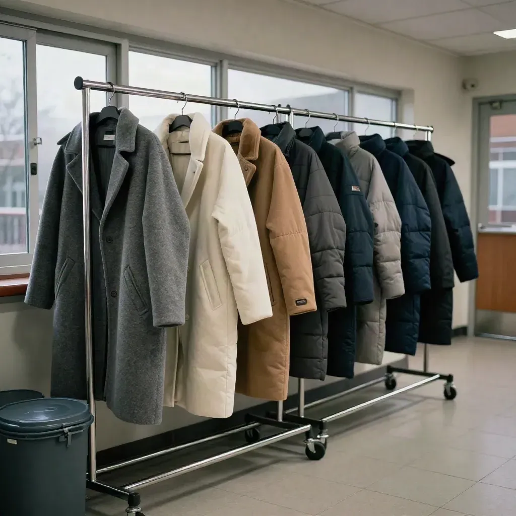 Sorted winter coats on racks beside sealed donation bins in a bright school vestibule.