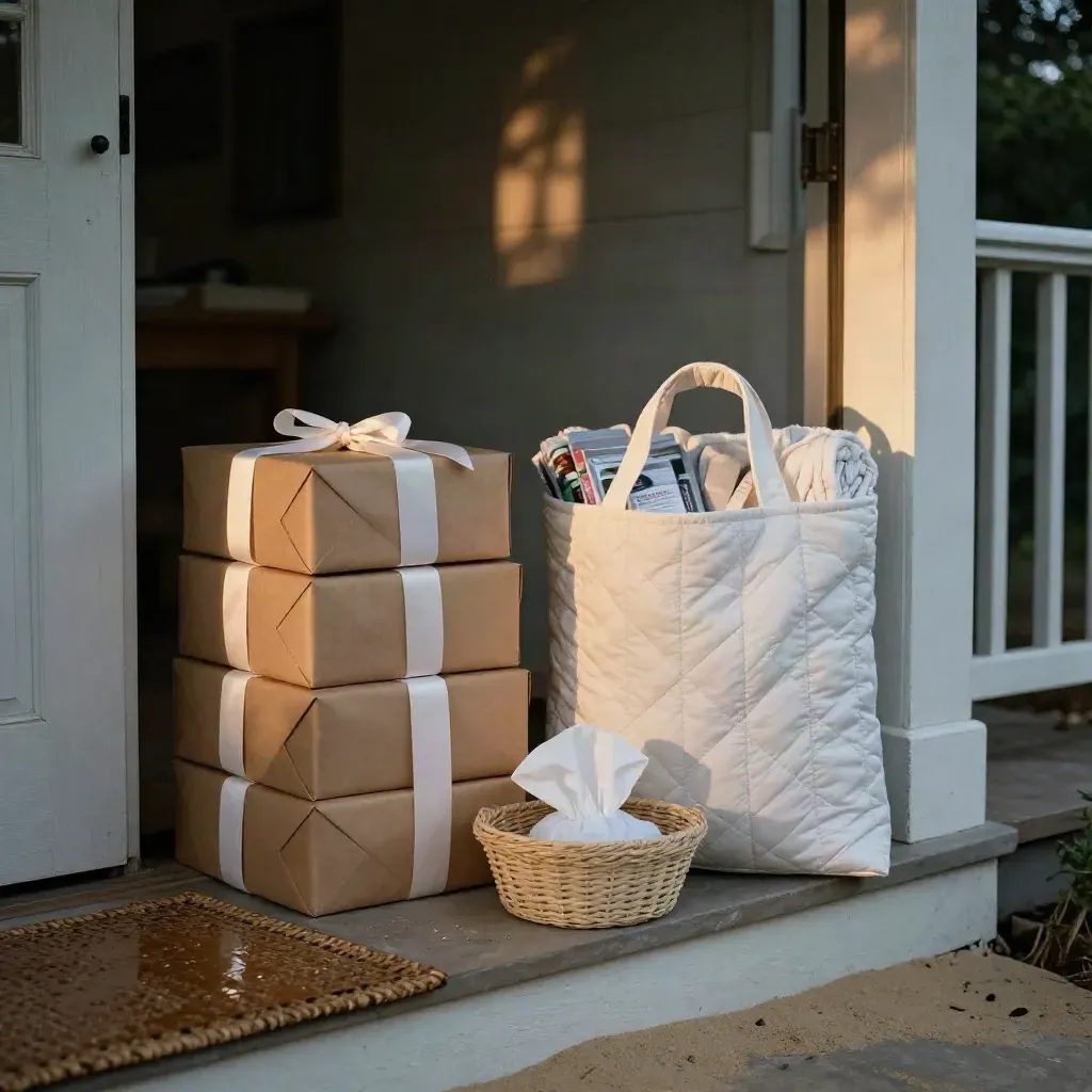 Stacked church care packages by a doorway with a thermal tote and porch mat at dusk.