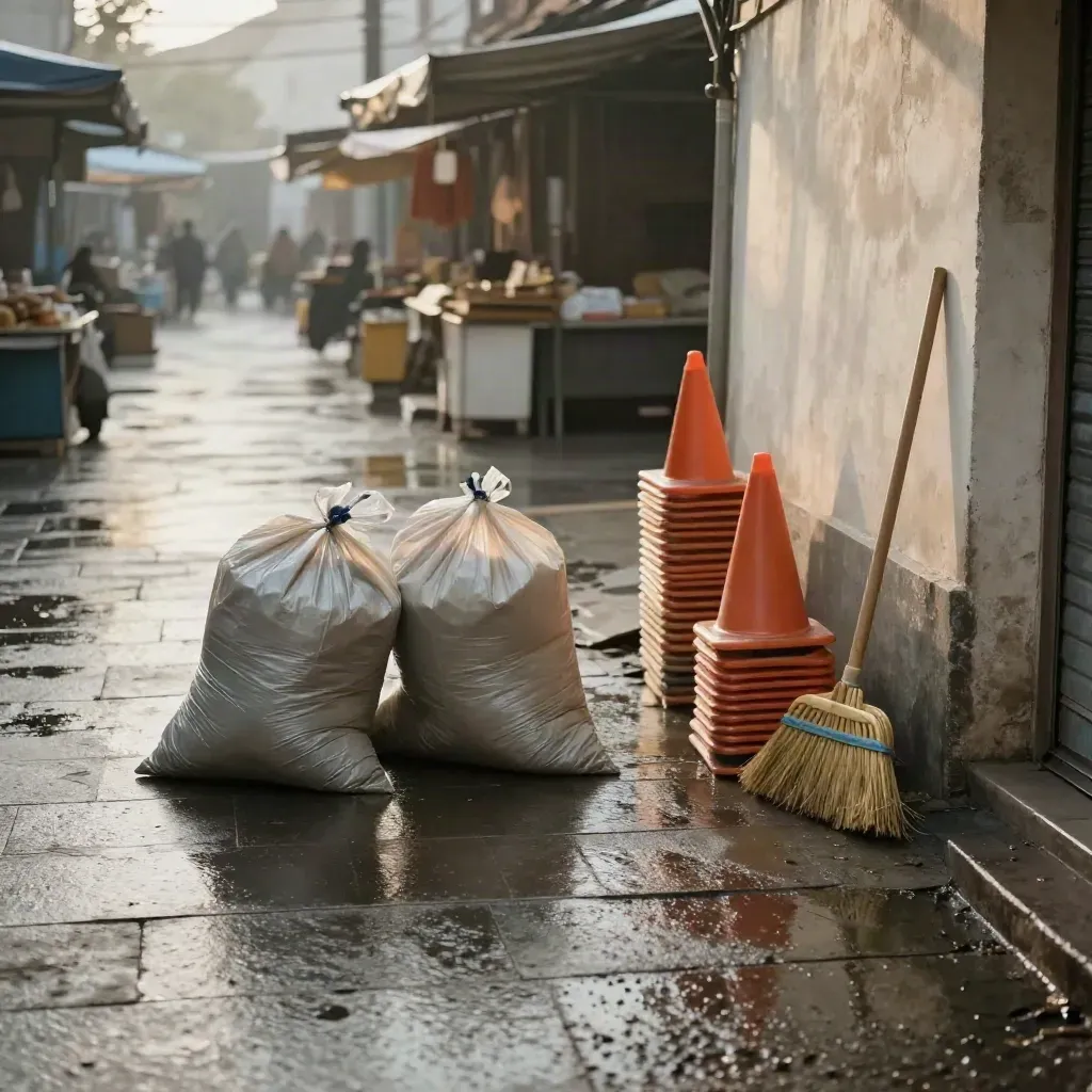 Wet market lane after cleanup, broom, cones, and trash bags by the curb.