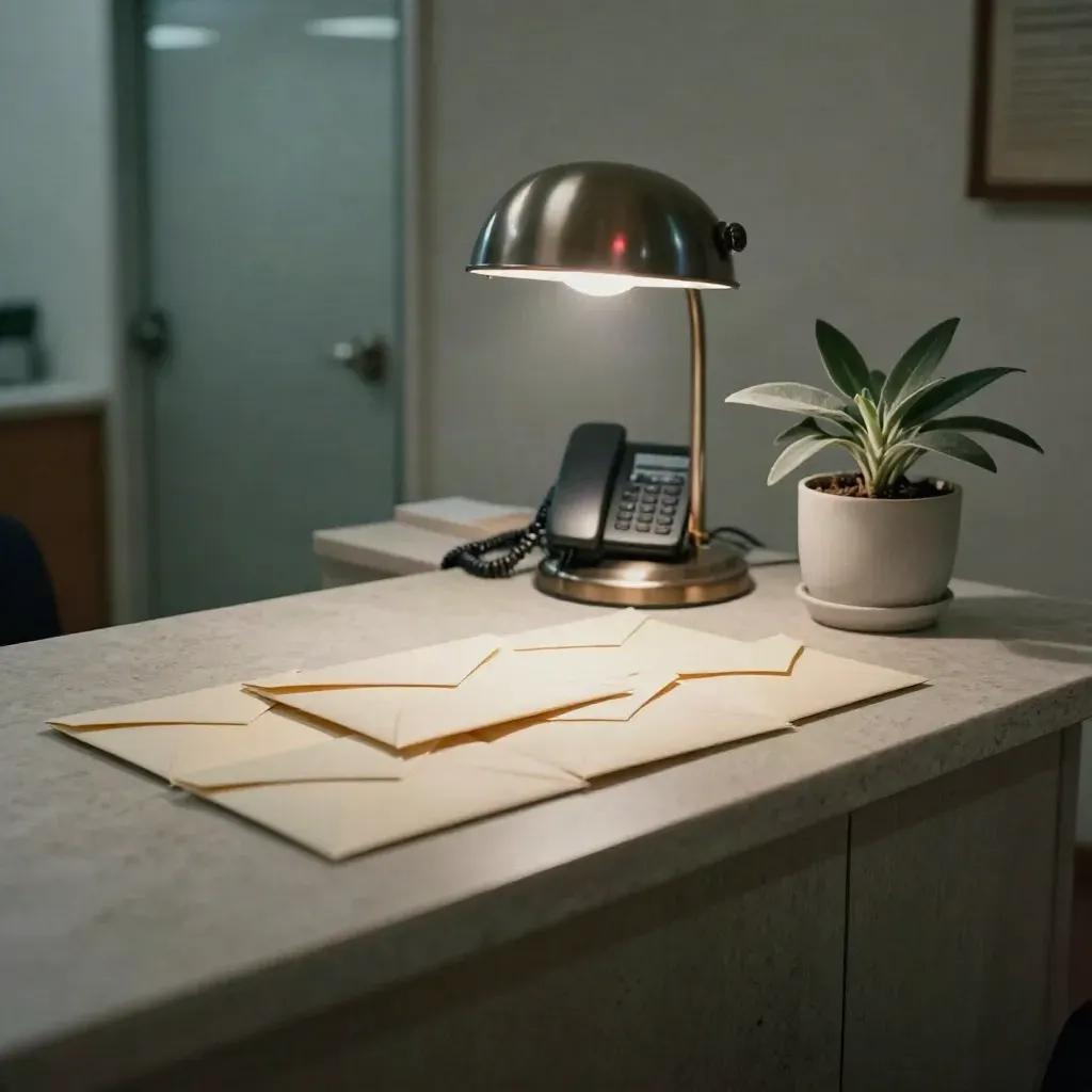Clinic sideboard with sealed referral envelopes, lamp, phone dock and potted plant in moody light
