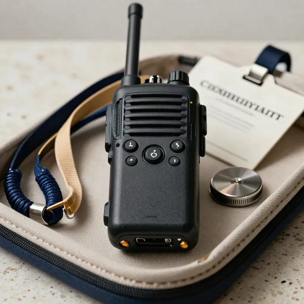Macro of event radios, lanyard coils, and a badge reel in a canvas tray.