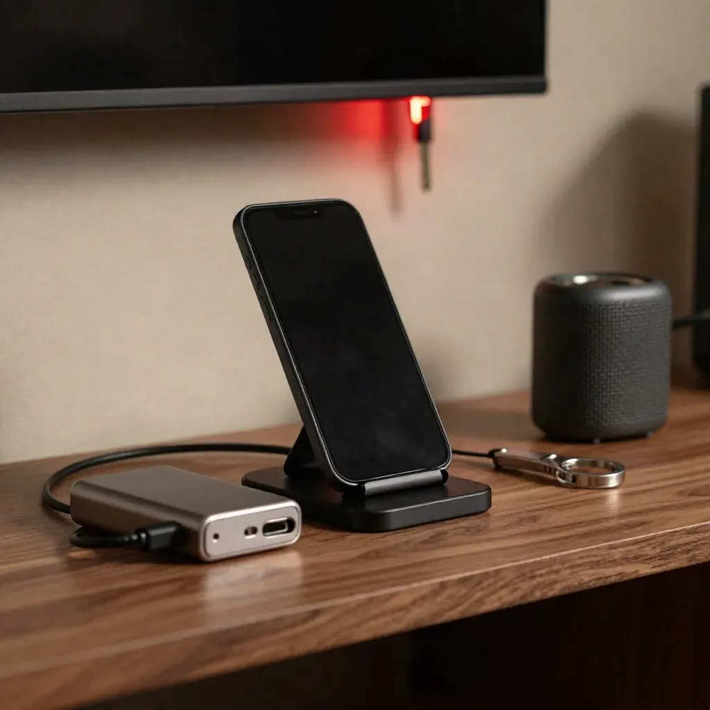 Charging outreach gear on a walnut shelf: phone, power bank, keys, and speaker.