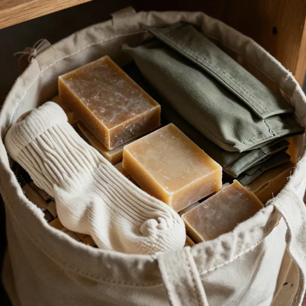 Soap bars, rolled socks, hygiene pouches, and a canvas tote arranged for care kits.