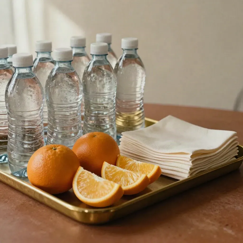 Refreshment tray with citrus, water bottles, napkins, and towel on terracotta.