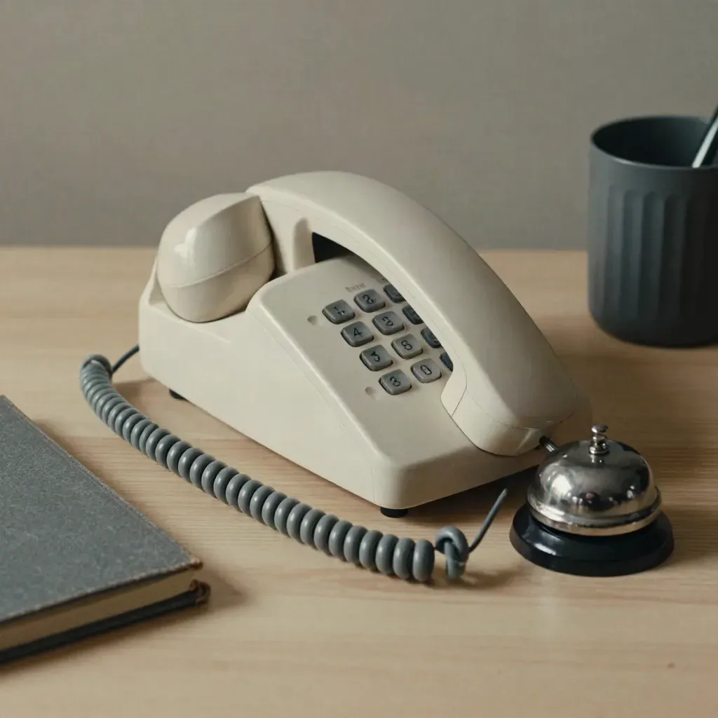 Overhead still life of a corded desk phone with bell, notebook, and pencil cup on pale wood.