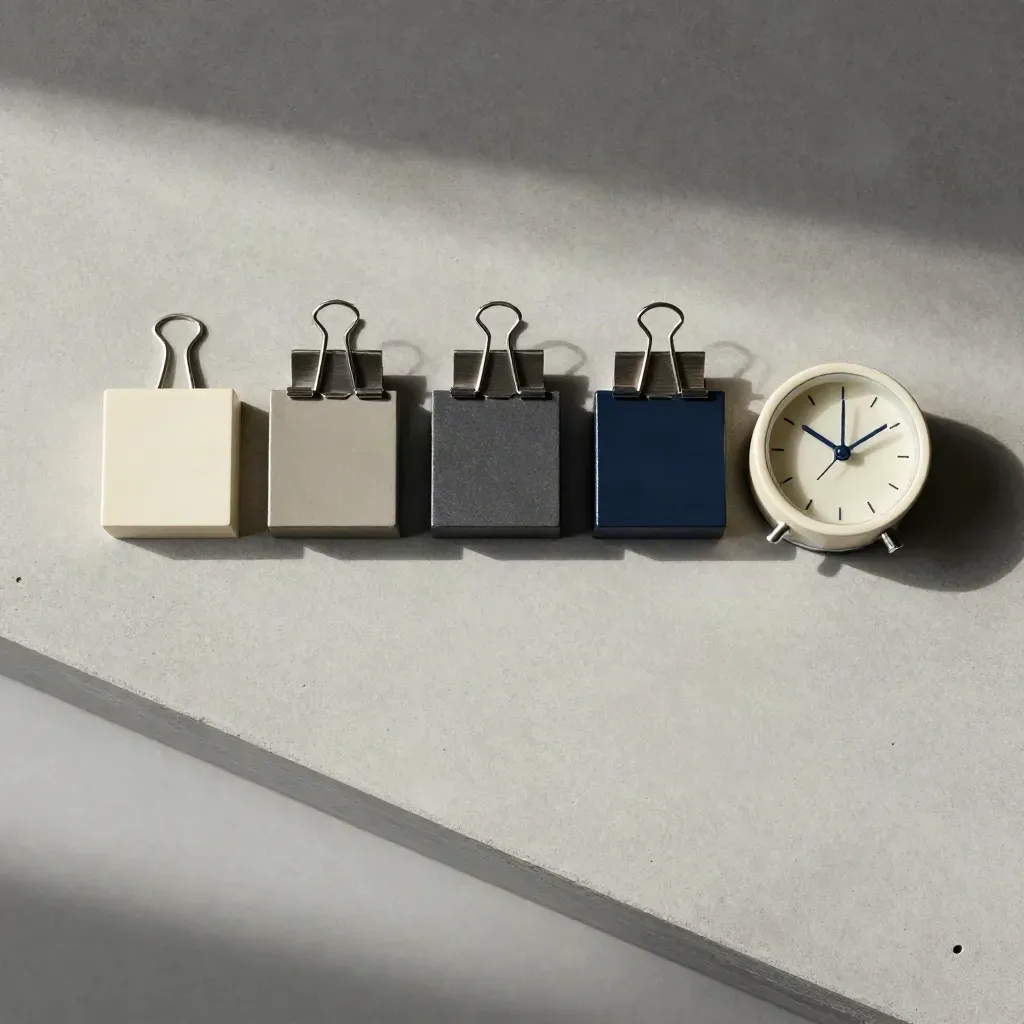 Overhead flatlay of planning blocks, binder clips, and a small desk clock on pale concrete.