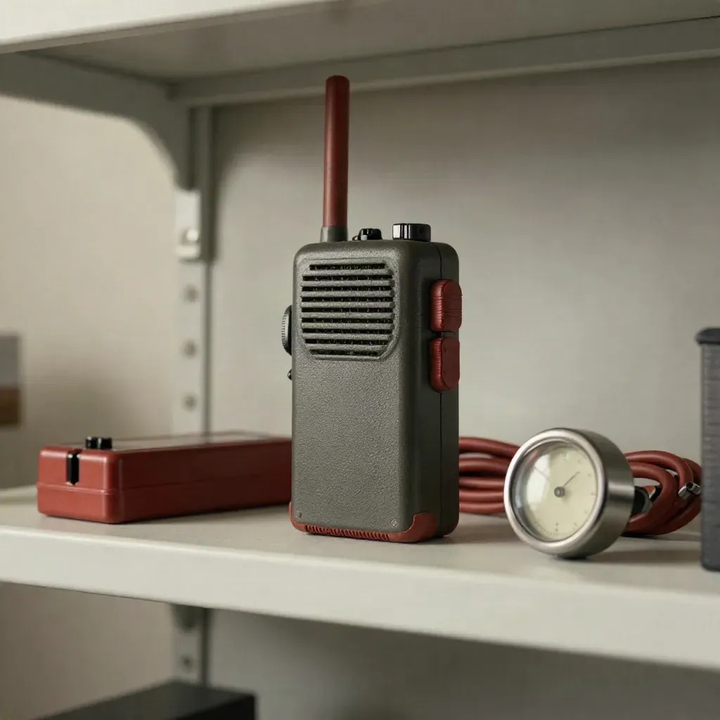Radio, battery pack, coiled extension cord, and timer staged on a utility shelf.