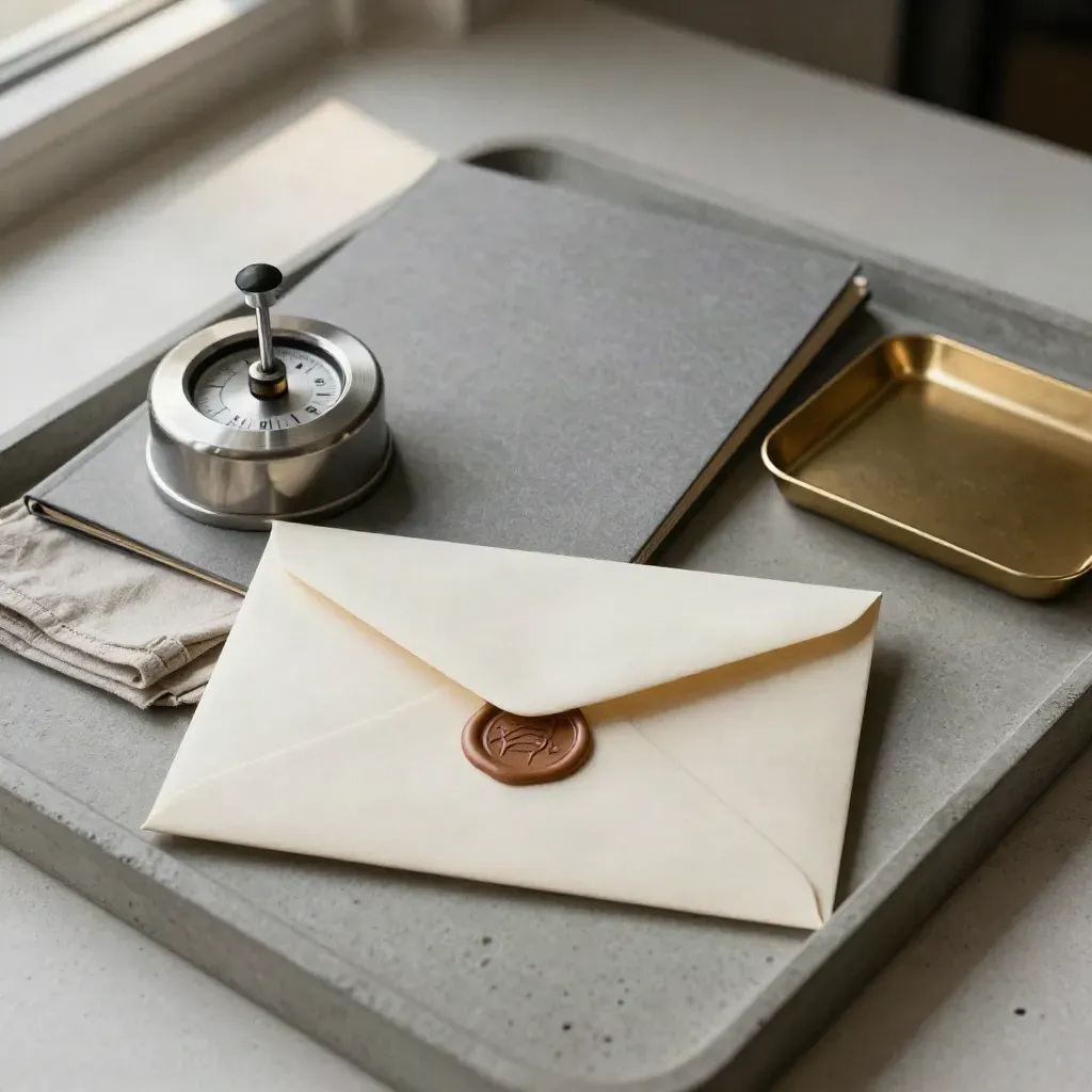 Sealed envelope, tally counter, accordion file, and clip tray on concrete tray