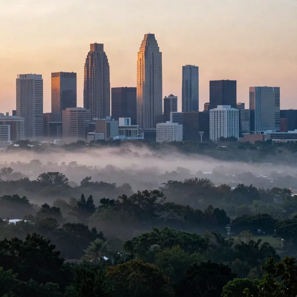 Atlanta skyline at sunrise above hazy treetops with calm copy space below.