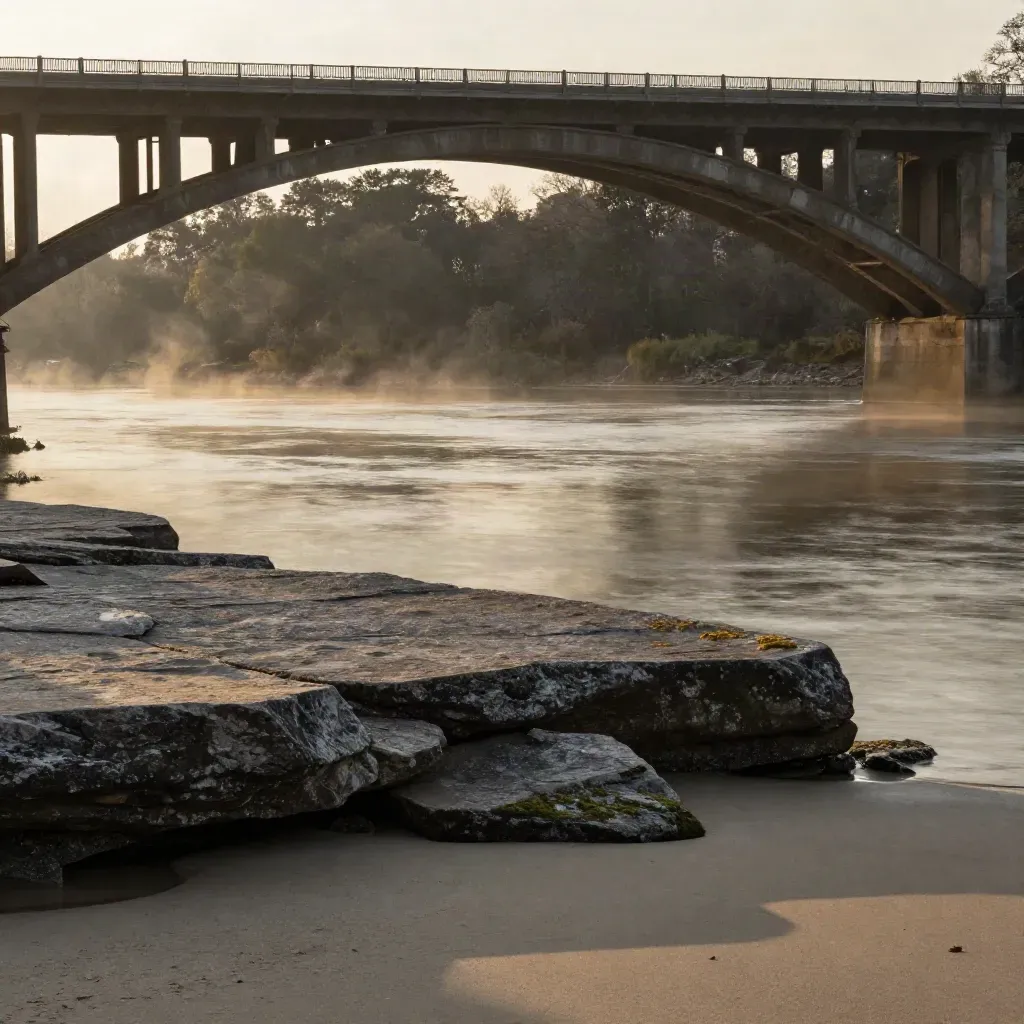 Chattahoochee River bridge above a calm stone riverbank with mist and trees at warm sunset