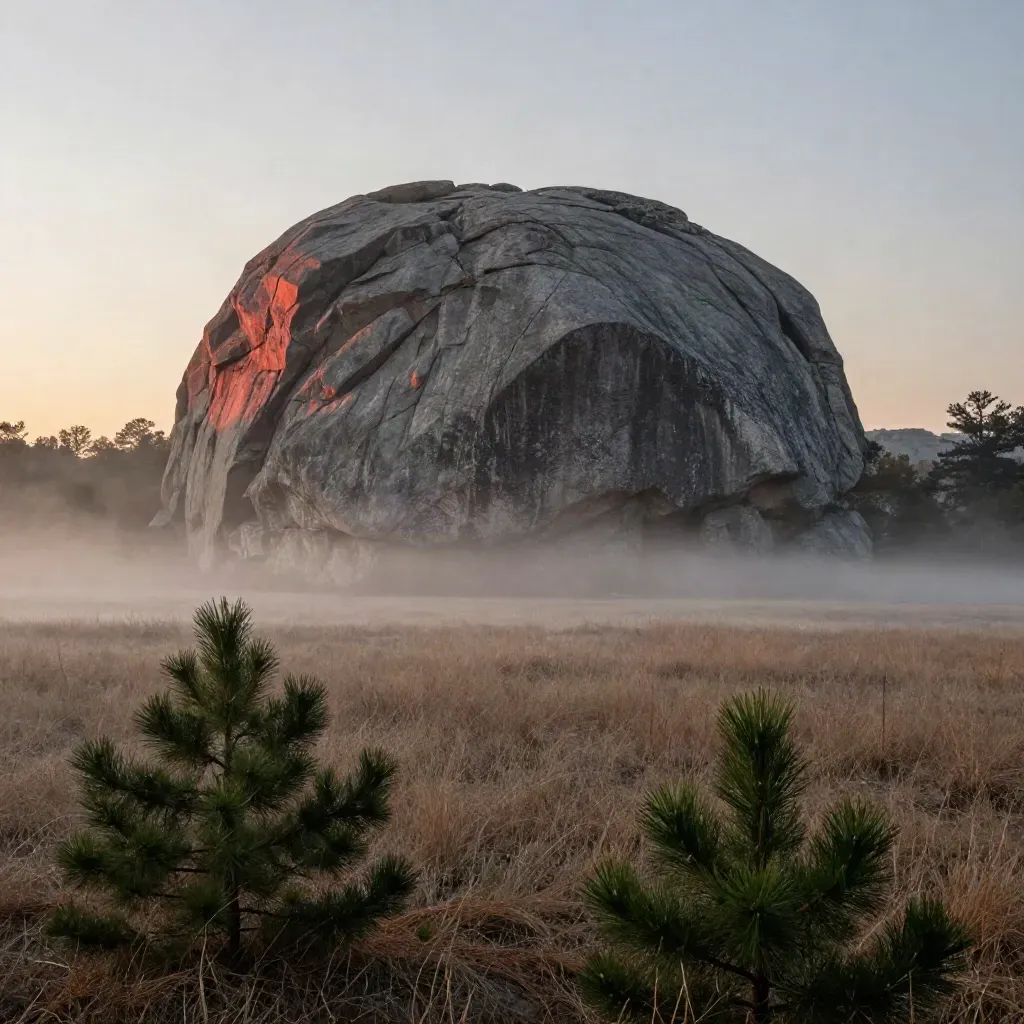 Stone Mountain above pine fog at dawn, open lower frame for copy.