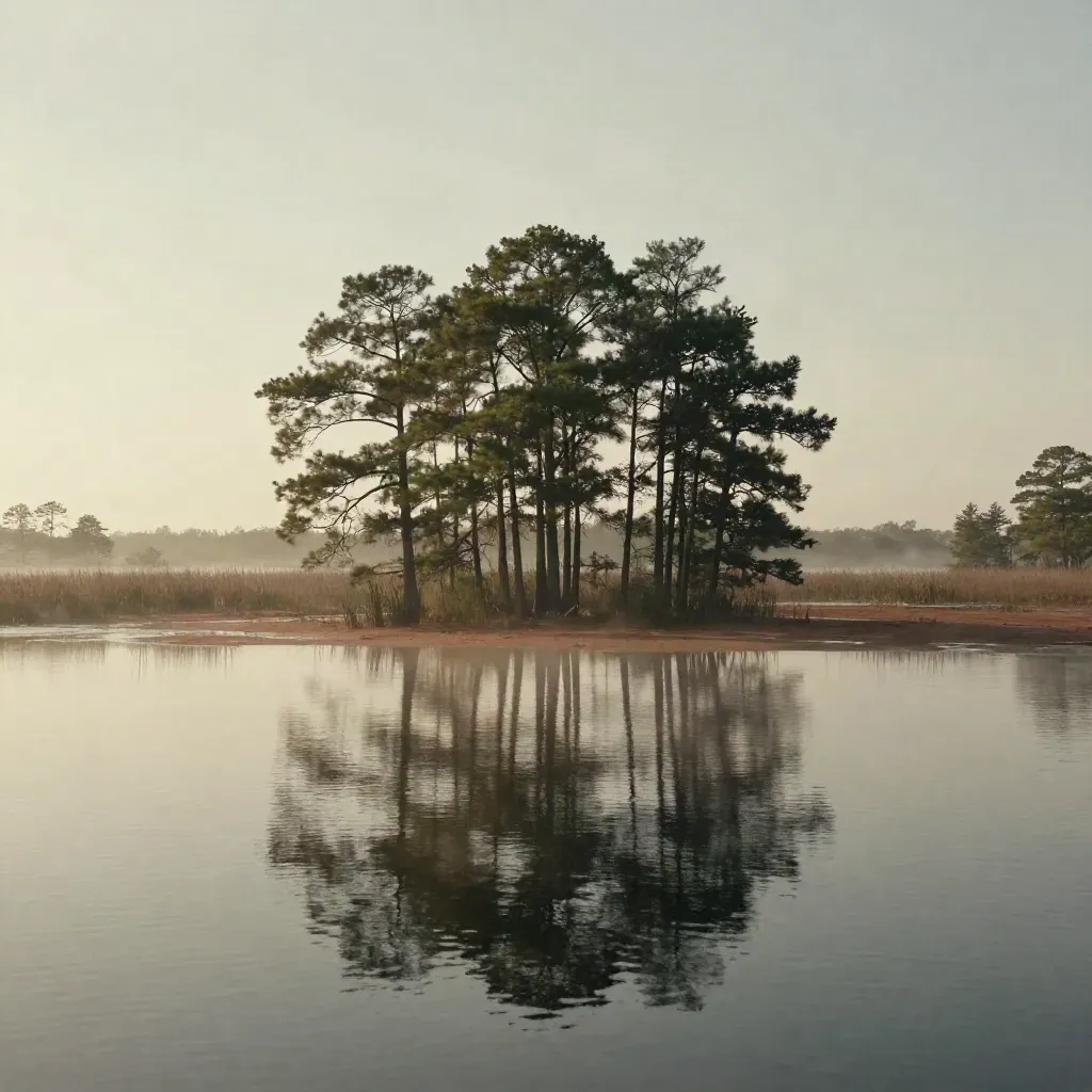 Clayton County wetland pines above reflective marsh water in soft post-rain haze.
