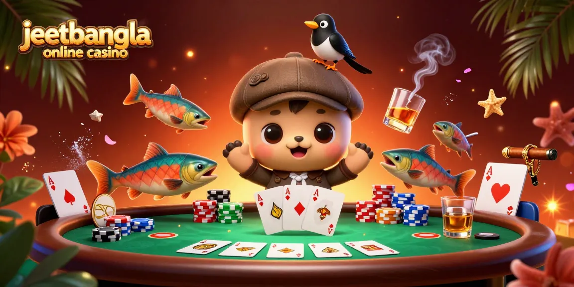 Join the excitement at jeetbangla online casino with cartoon Nessie, poker elements, and festive decorations.