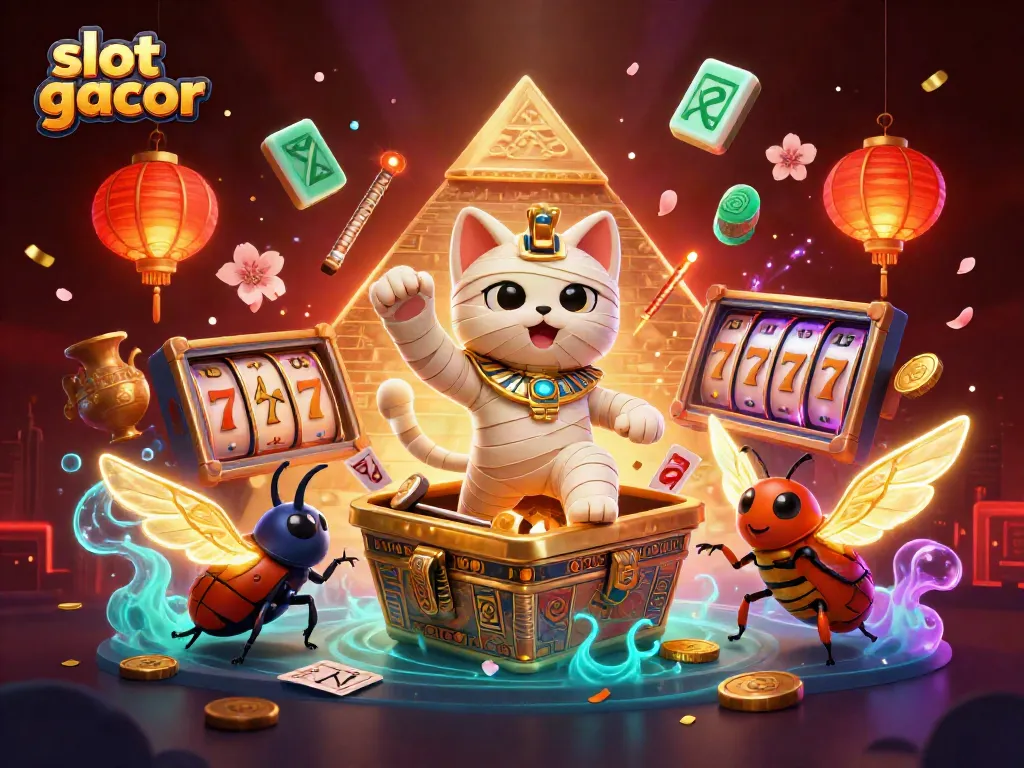 Experience the excitement of slot gacor with a vibrant 3D scene featuring a mummy cat and a scarab beetle amidst spinning reels and colorful casino elements.