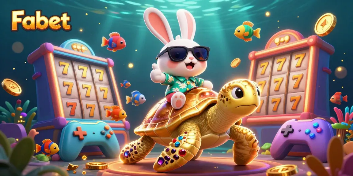 Experience thrilling adventures at Fabet's vibrant gaming scene with lucky rabbit and sea turtle surrounded by slots.