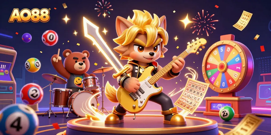 Engage with excitement at AO88, where a rock star wolf and drummer bear entertain on a vibrant casino stage with lottery elements.
