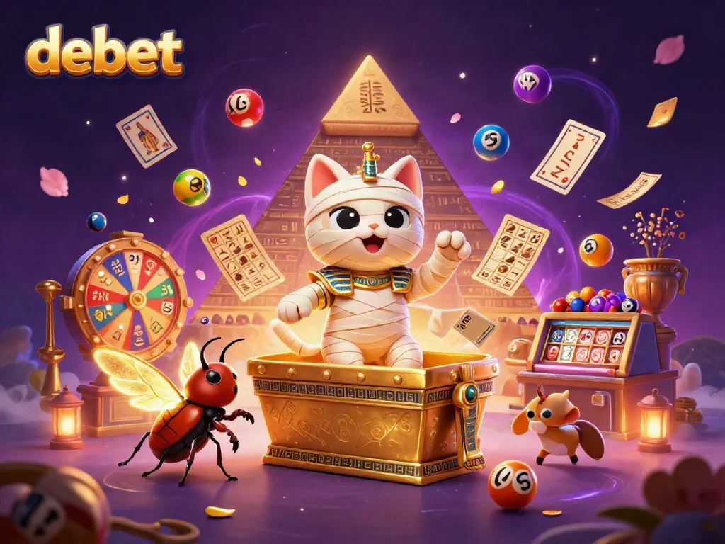 Experience debet's vibrant casino world with an Egyptian mummy cat and glowing scarab beetle.