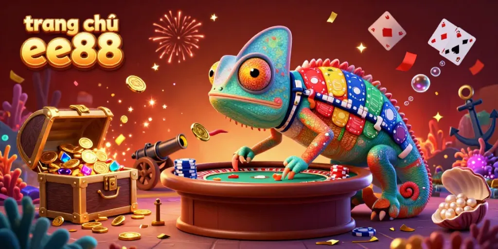 Experience the vibrant gaming scene at trang chủ ee88 with a captivating chameleon casino owner surrounded by treasures and playful gaming elements.
