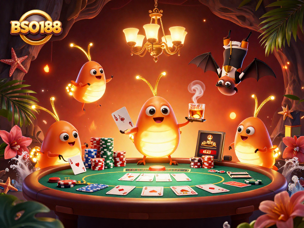 Experience the vibrant glow of BSO188 as animated glowworms illuminate a thrilling poker scene in a fantasy casino.
