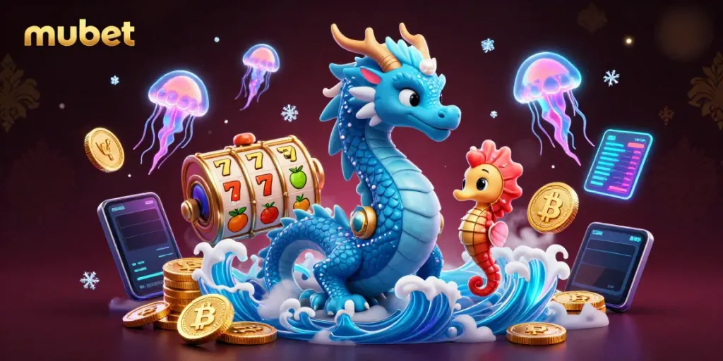 Engage with exciting slot games at mubet, featuring a vibrant 3D illustration of fantasy characters and casino elements.