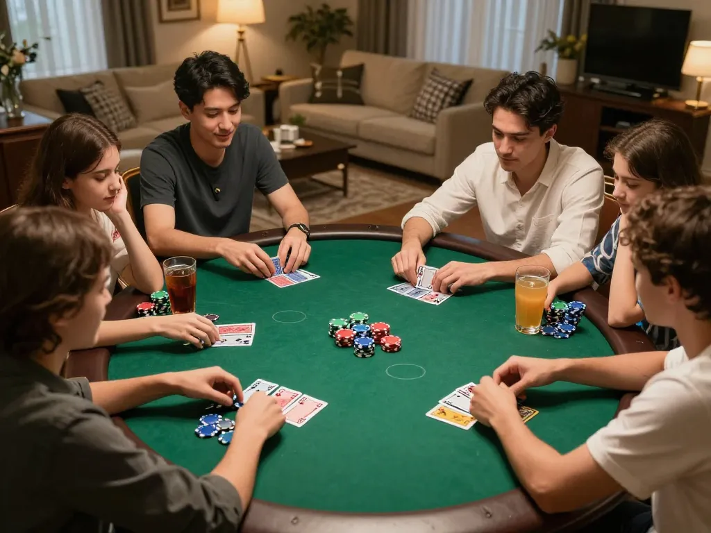 Players enjoying a friendly poker game on SC88, colorful chips and drinks enhancing the lively atmosphere.