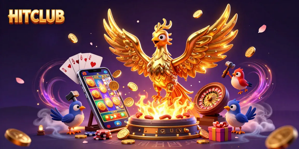 Experience HITCLUB's thrilling casino action with a golden phoenix emerging from a forge, surrounded by vibrant gaming elements.