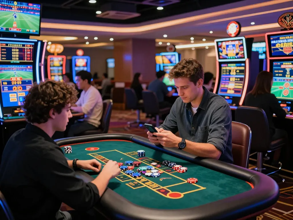 Engaged players at RR88, an online casino, betting on sports and playing games in a vibrant setting.