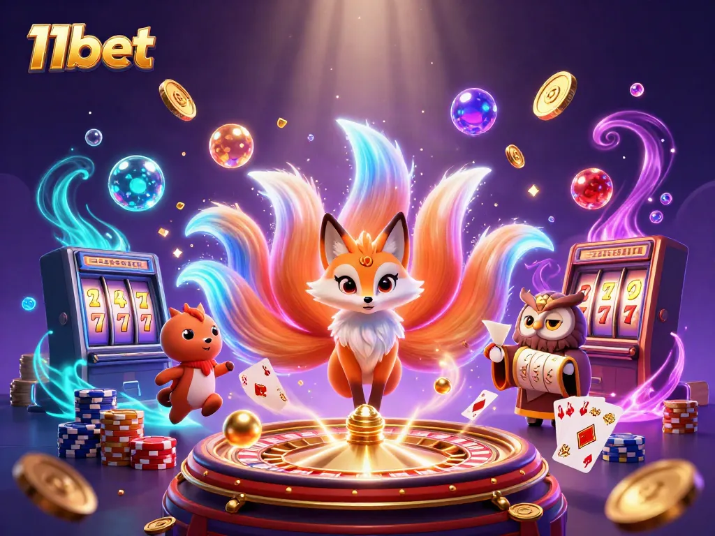 Experience the vibrant casino world with 11bet through enchanting spirit characters, casino elements, and lucky symbols.