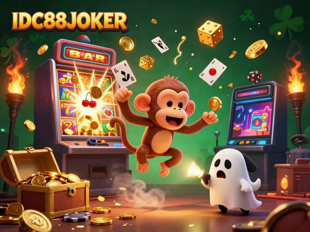 Experience thrilling moments at IDC88JOKER with a playful poltergeist monkey and a puppy chasing golden treasures in a vibrant casino scene.